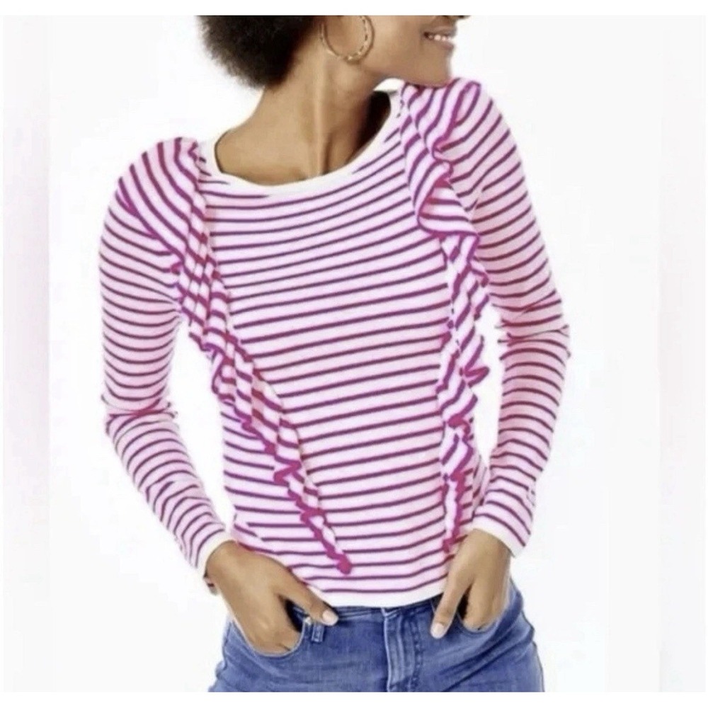Lilly Pulitzer Sweater Ruth Pink & White Striped Ruffle Long Sleeve XL Coastal